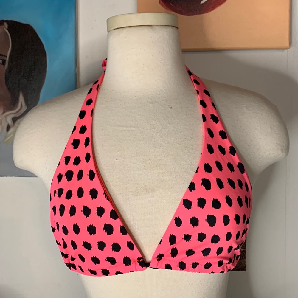 VS RARE Neon Pink Dalmatian Polka Dot Print Unlined Triangle Bikini Top Large